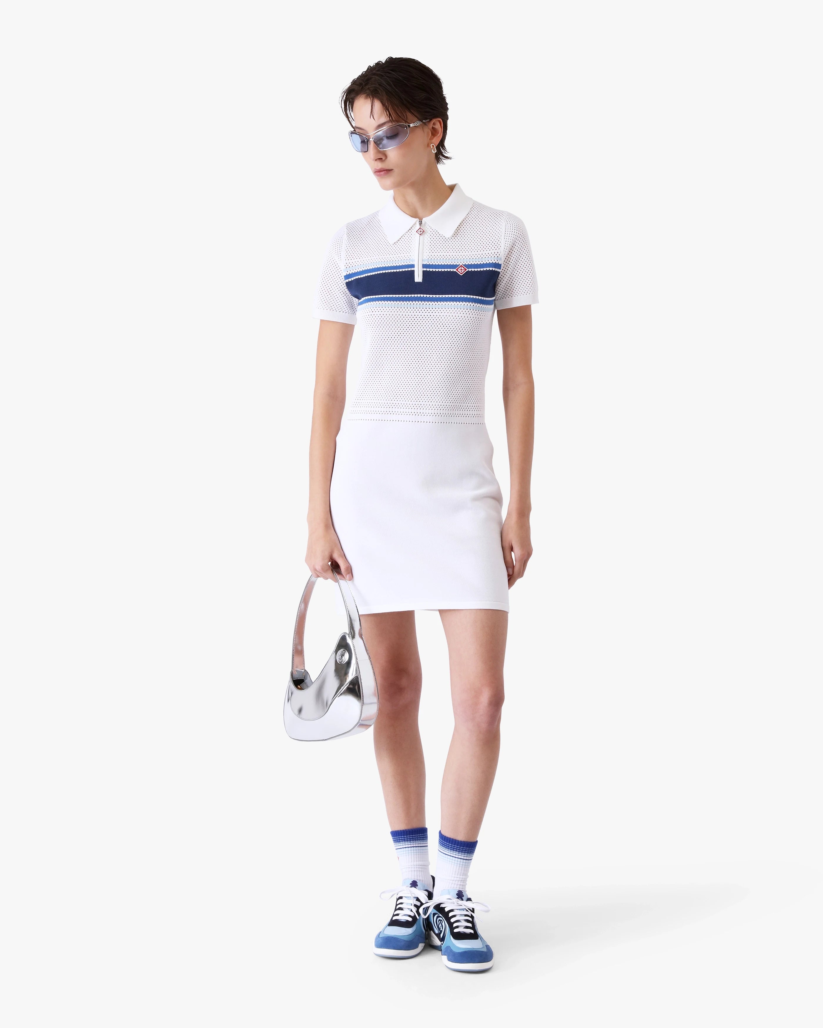 White & Blue Striped Mesh Midi Dress