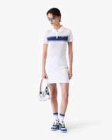 White & Blue Striped Mesh Midi Dress