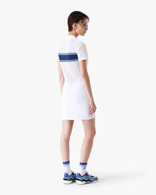 White & Blue Striped Mesh Midi Dress