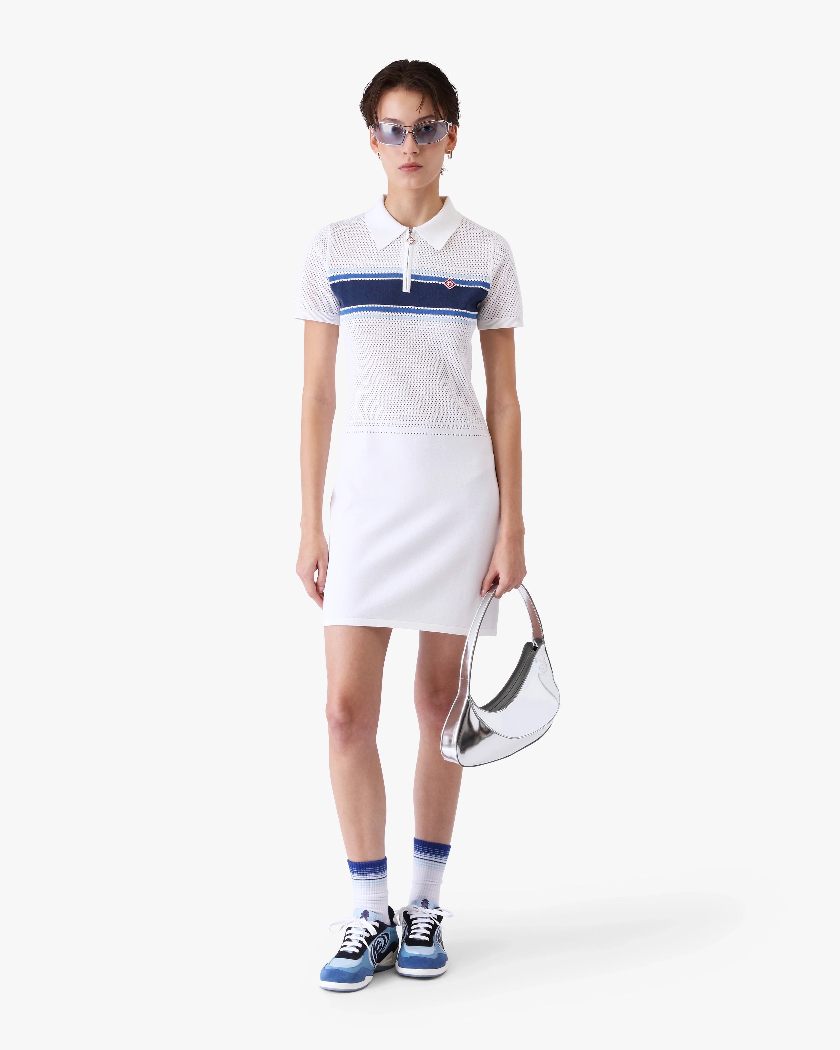 White & Blue Striped Mesh Midi Dress