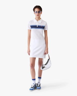 White & Blue Striped Mesh Midi Dress