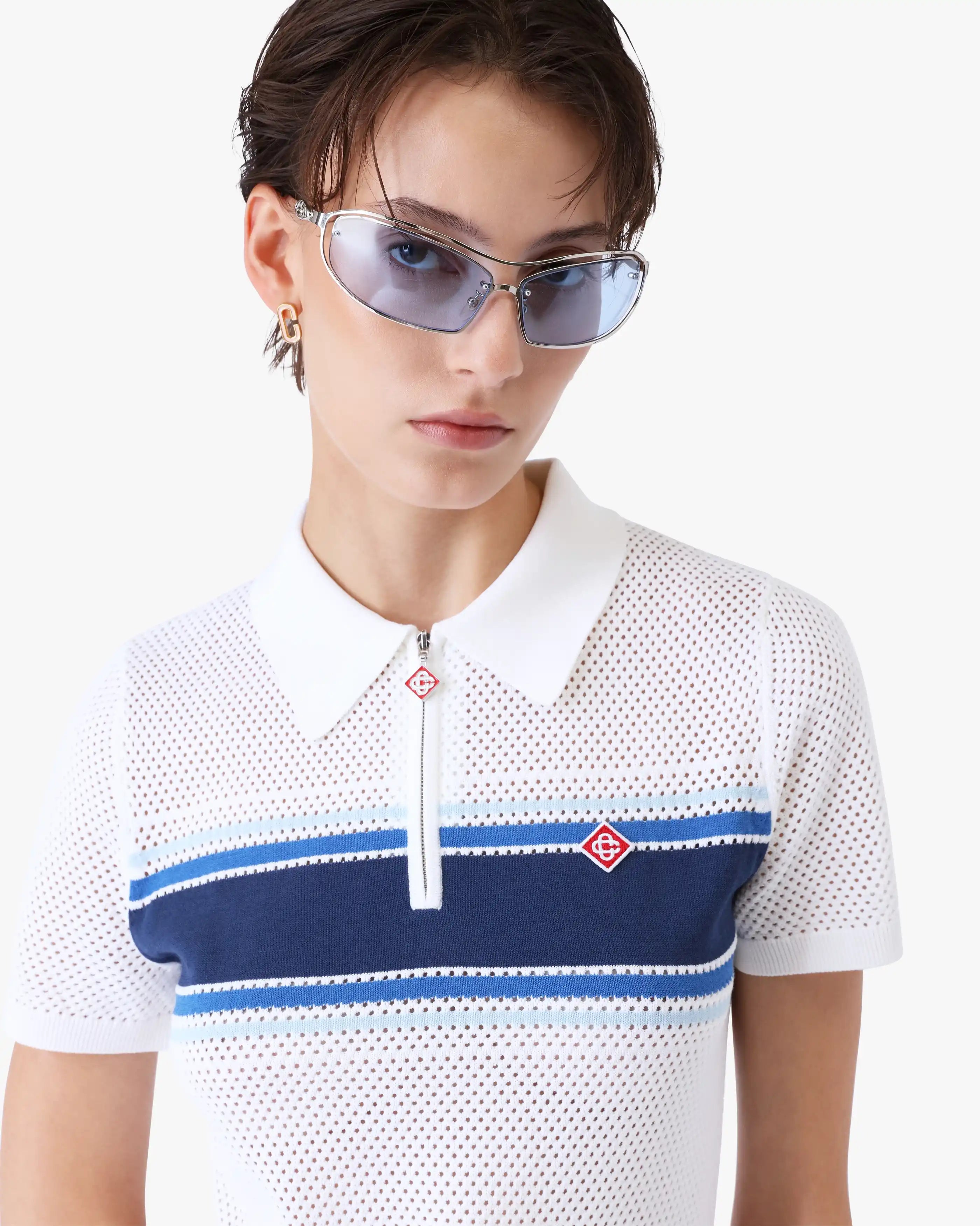 White & Blue Striped Mesh Midi Dress