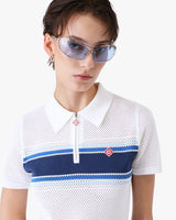 White & Blue Striped Mesh Midi Dress