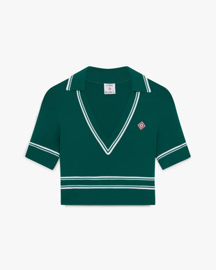Green Cropped Knit Polo Shirt