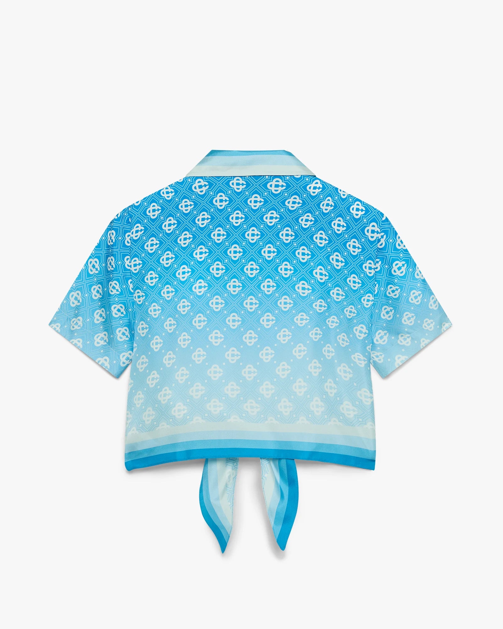 Chemise courte en soie bleue à monogramme dégradé et nœud
