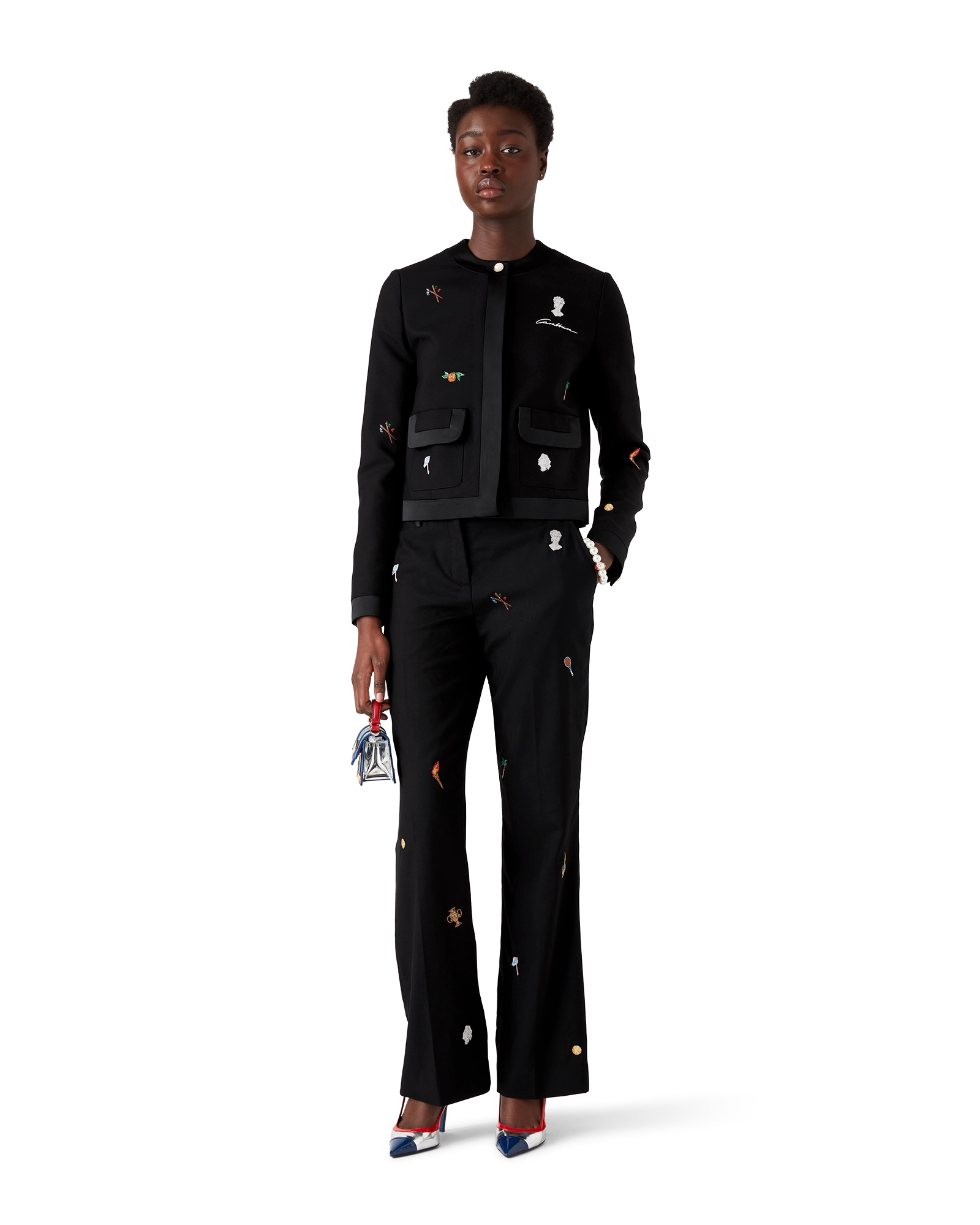 Embroidered Motif Wool Tailored Trousers