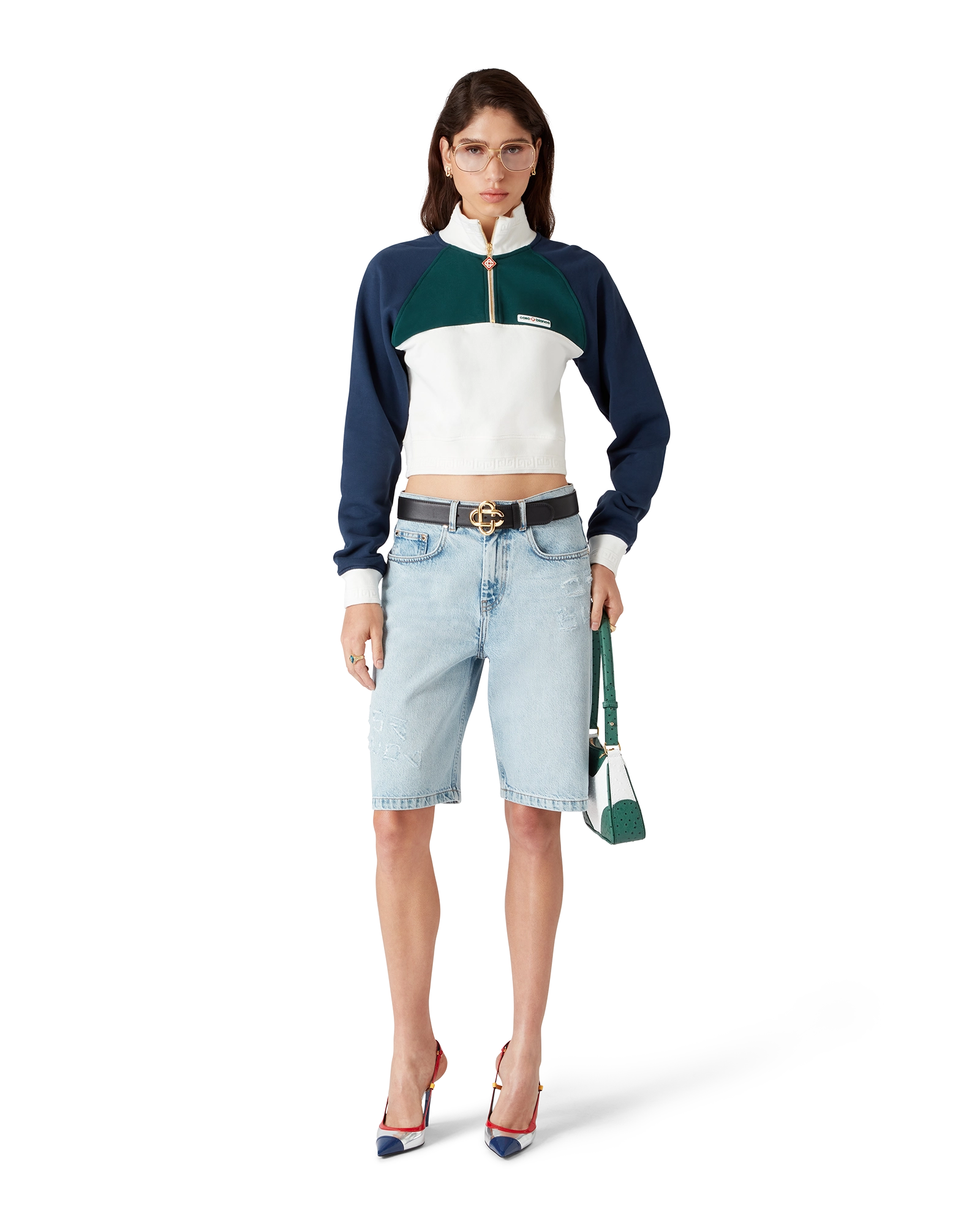 Sweat-shirt court à motif color block et fermeture éclair partielle