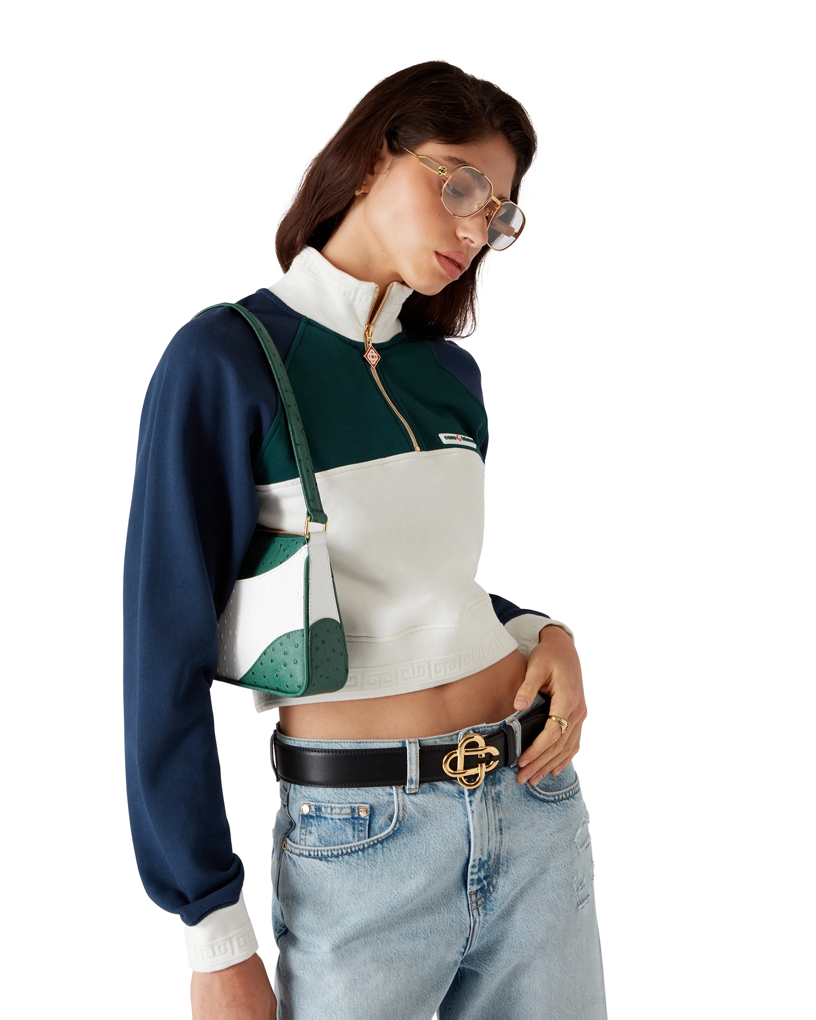 Sweat-shirt court à motif color block et fermeture éclair partielle