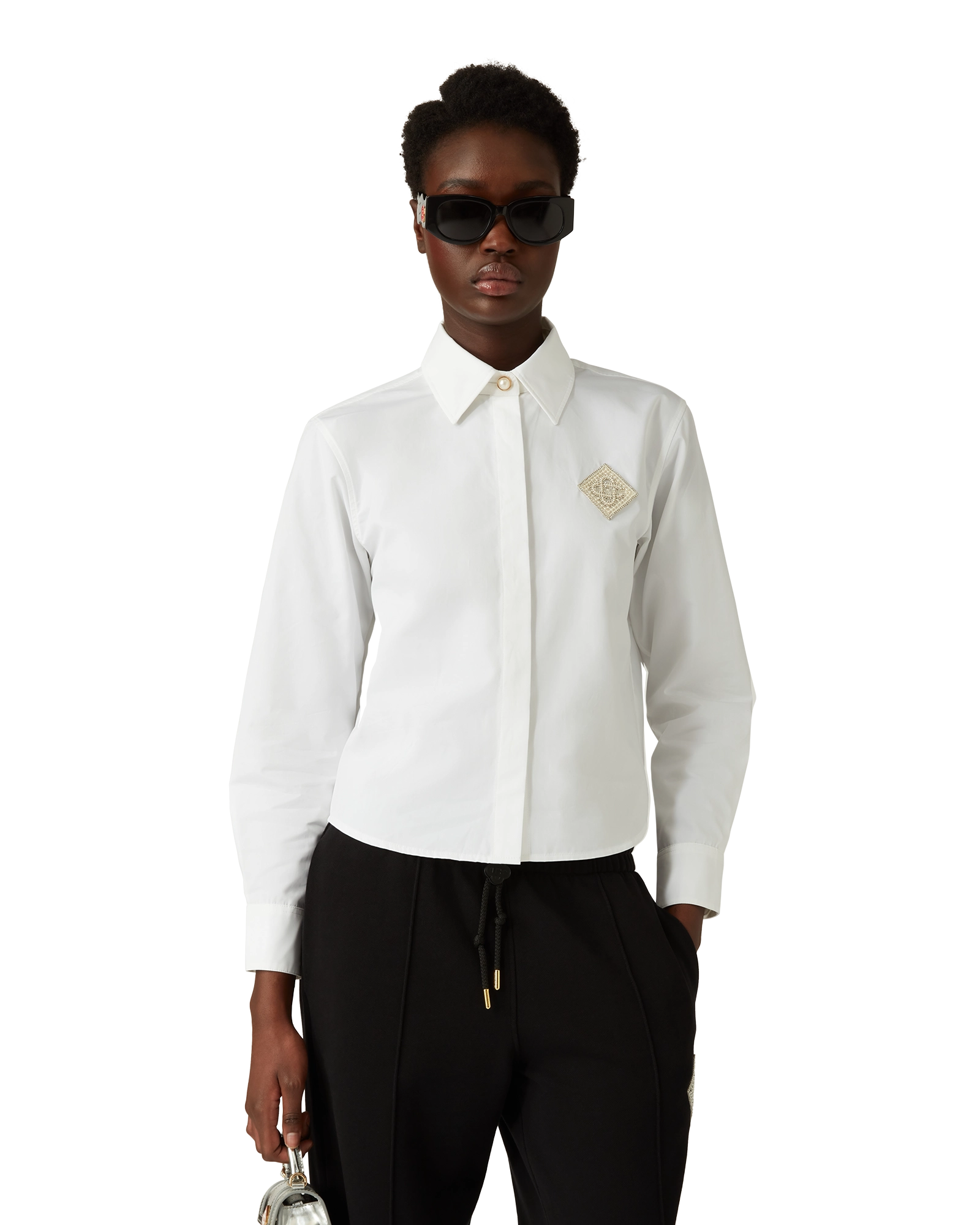 Pearl Diamond Patch Long Sleeve Cotton Shirt