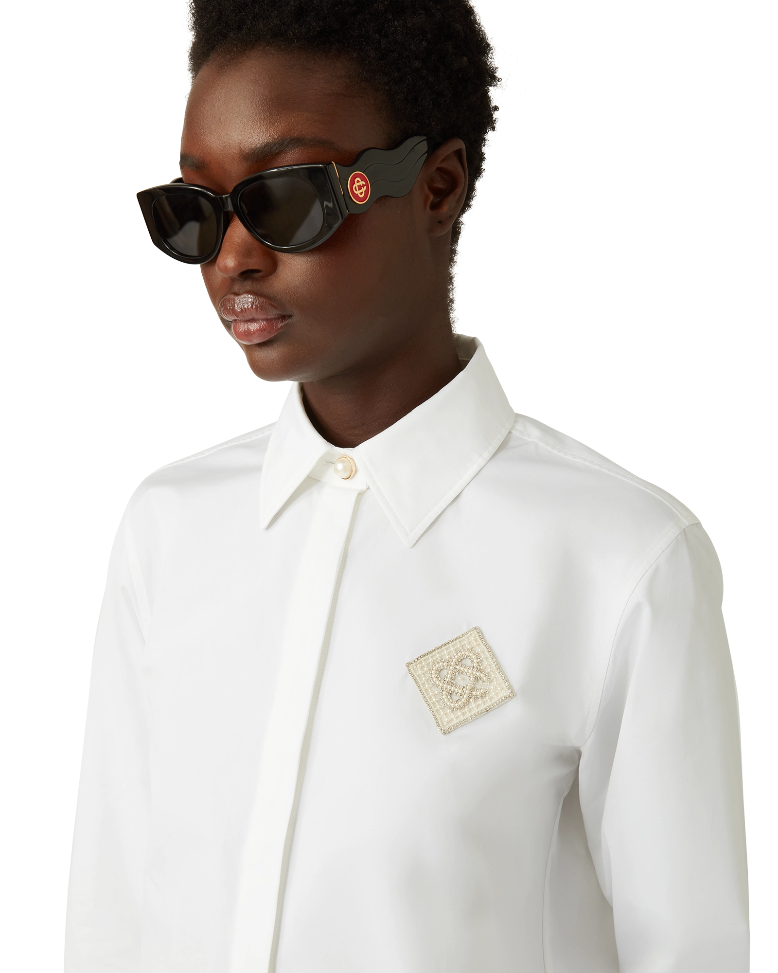 Pearl Diamond Patch Long Sleeve Cotton Shirt