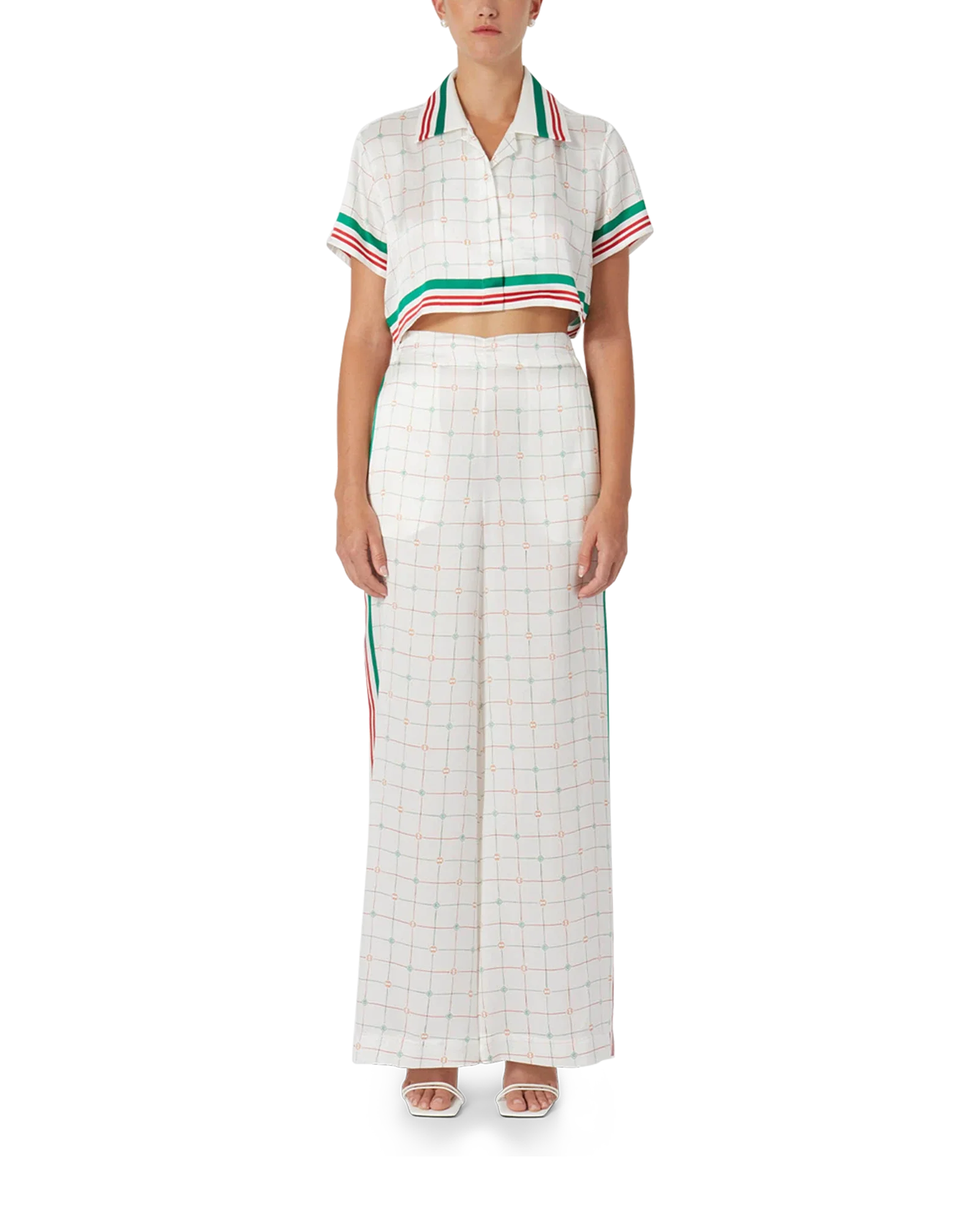 Tennis Club Check Wide Leg Silk Trousers