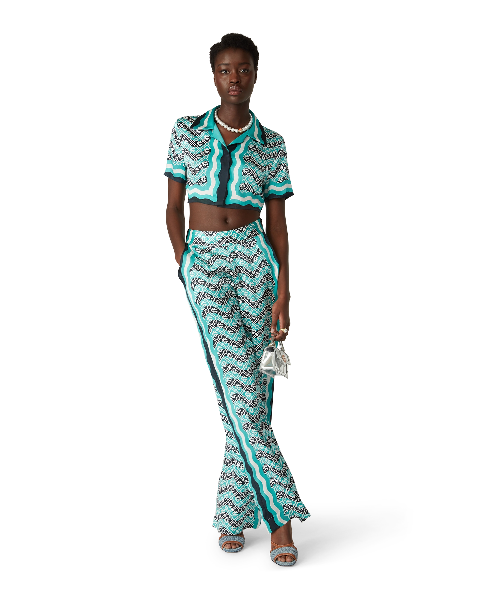 Monogram Wave Cropped Short Sleeve Silk Shirt