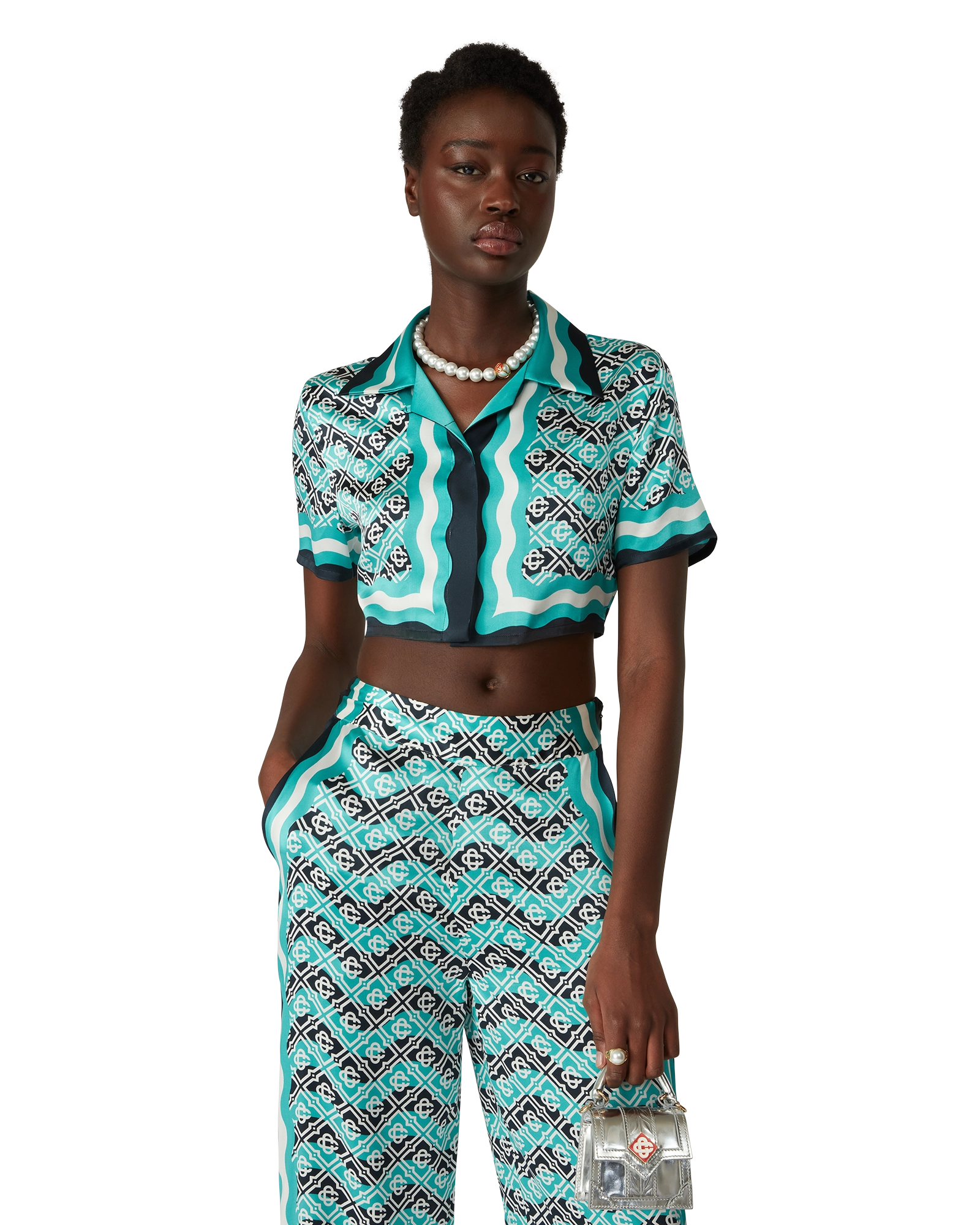 Monogram Wave Cropped Short Sleeve Silk Shirt