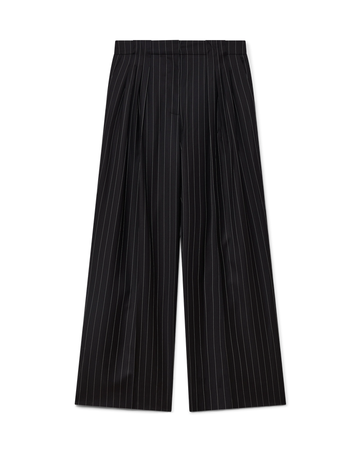 Wool Pinstripe Triple Pleat Tailored Trousers