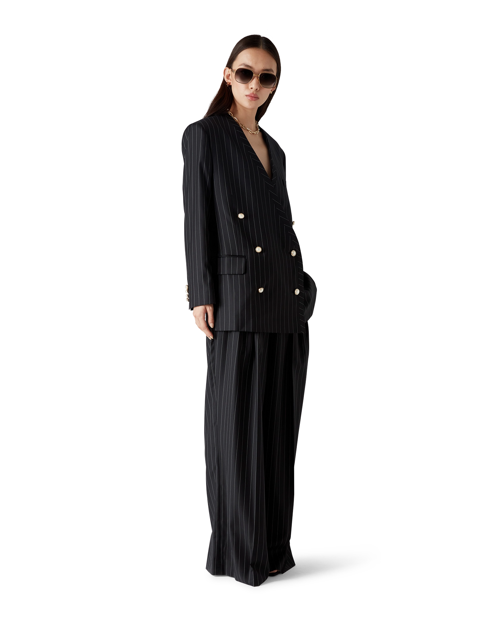 Wool Pinstripe Triple Pleat Tailored Trousers