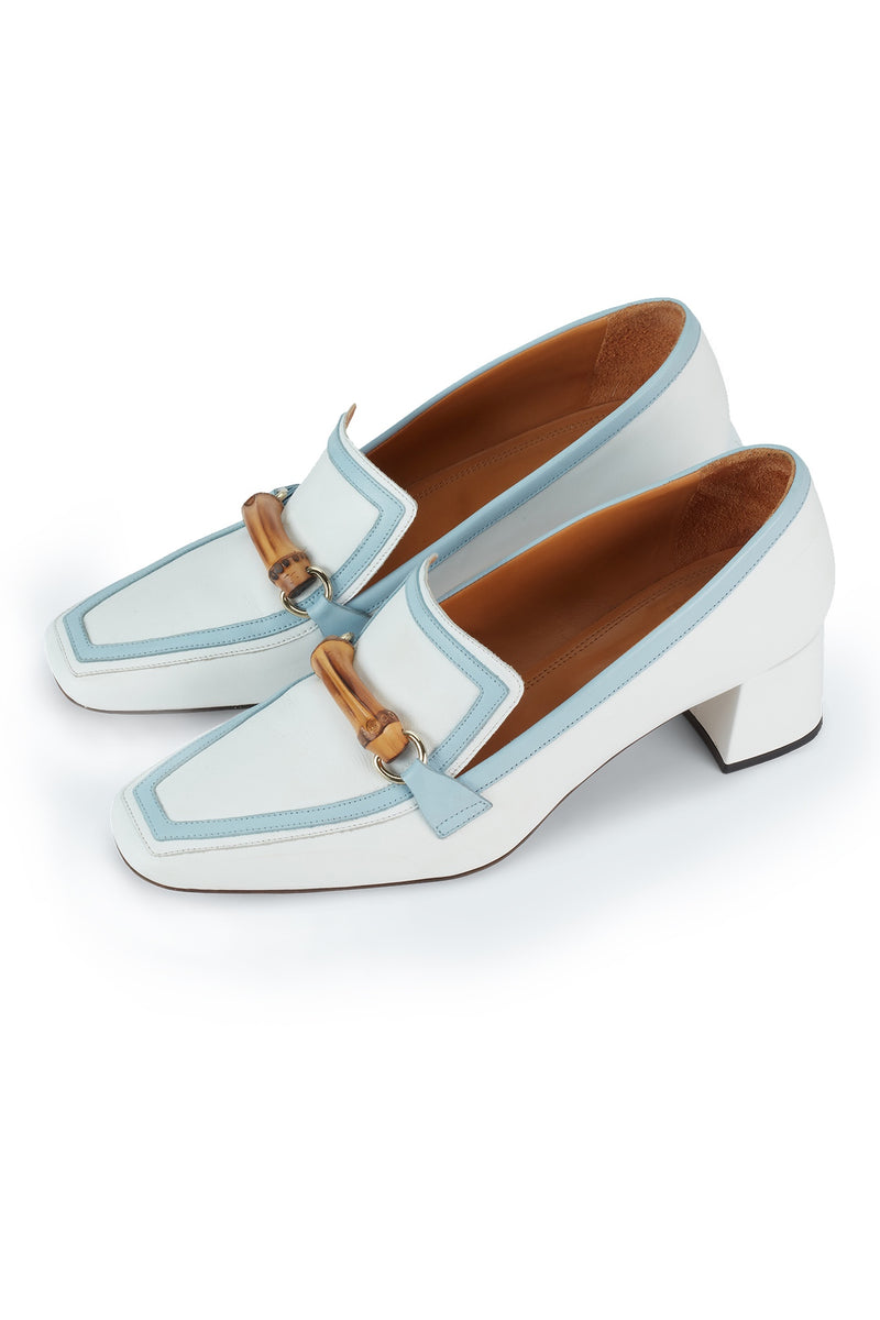 White & Light Blue Leather Heeled Loafer